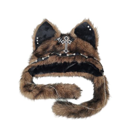 Caldo cappello invernale, adorabile cappello con animale di peluche, copricapo con orecchie di gatto pelose, accessori unici per cosplay, berretto morbido per costume di Halloween, tema festivo