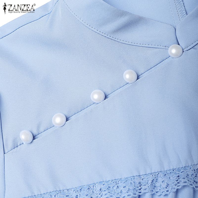 ZANZEA Women Elegant Casual Stand Collar Solid Color Loose Short Sleeve Dress