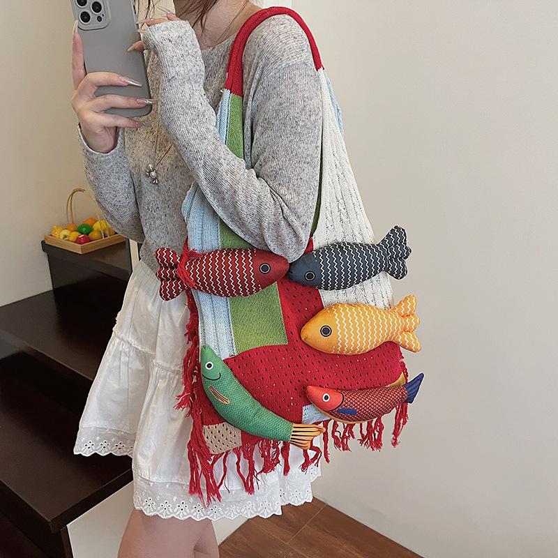 Small Fish Decorative Literary Knitting Light Luxury High Quality Soft Durable Fashion Exquisite Lightweight Commuting Outdoor Crossbody Shoulder Bag