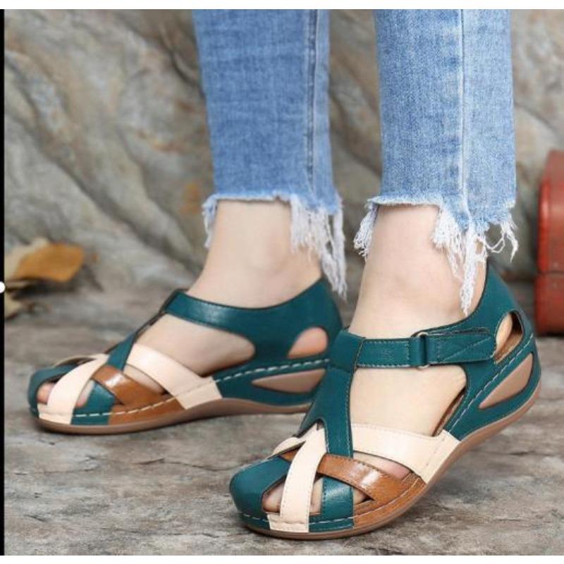 Large size summer new retro round head wedge heel women's shoes cross buckle women's sandals