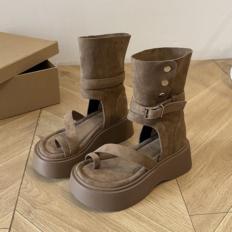 Thick-soled retro mid-top Roman sandals women's 2025 summer new Internet celebrity design sense niche toe heightening cool boots