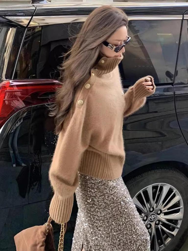 Hochwertiger eleganter Mohair-Rollkragenpullover - Damen Winter Langarm Strickware