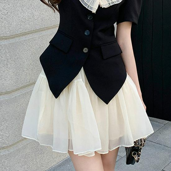 

Elegant Western-Style Summer Top & High-Waisted Puffy Skirt Set 2025 - Color Block Design with Net Gauze M [Recommended 80-100 Jin]