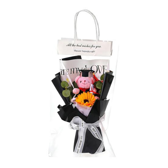 Studentgosedjurshjärte Virkad Solrosbukett Handstickad Garn Konstgjord Blomma med Studentgosedjur Dekoration Studentfest Presenter