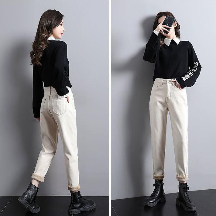 Women's Fleece-Lined Jeans High-Waist Slim Plus Velvet Harem Jeans Autumn and Winter Stretch Skinny Jeans