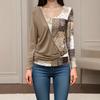 Women's V Neck Long Sleeve Blouse with Pleated Detail and Ring Buckle Multi Color Patchwork Top