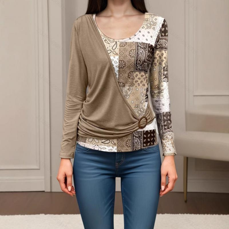 Women's V Neck Long Sleeve Blouse with Pleated Detail and Ring Buckle Multi Color Patchwork Top