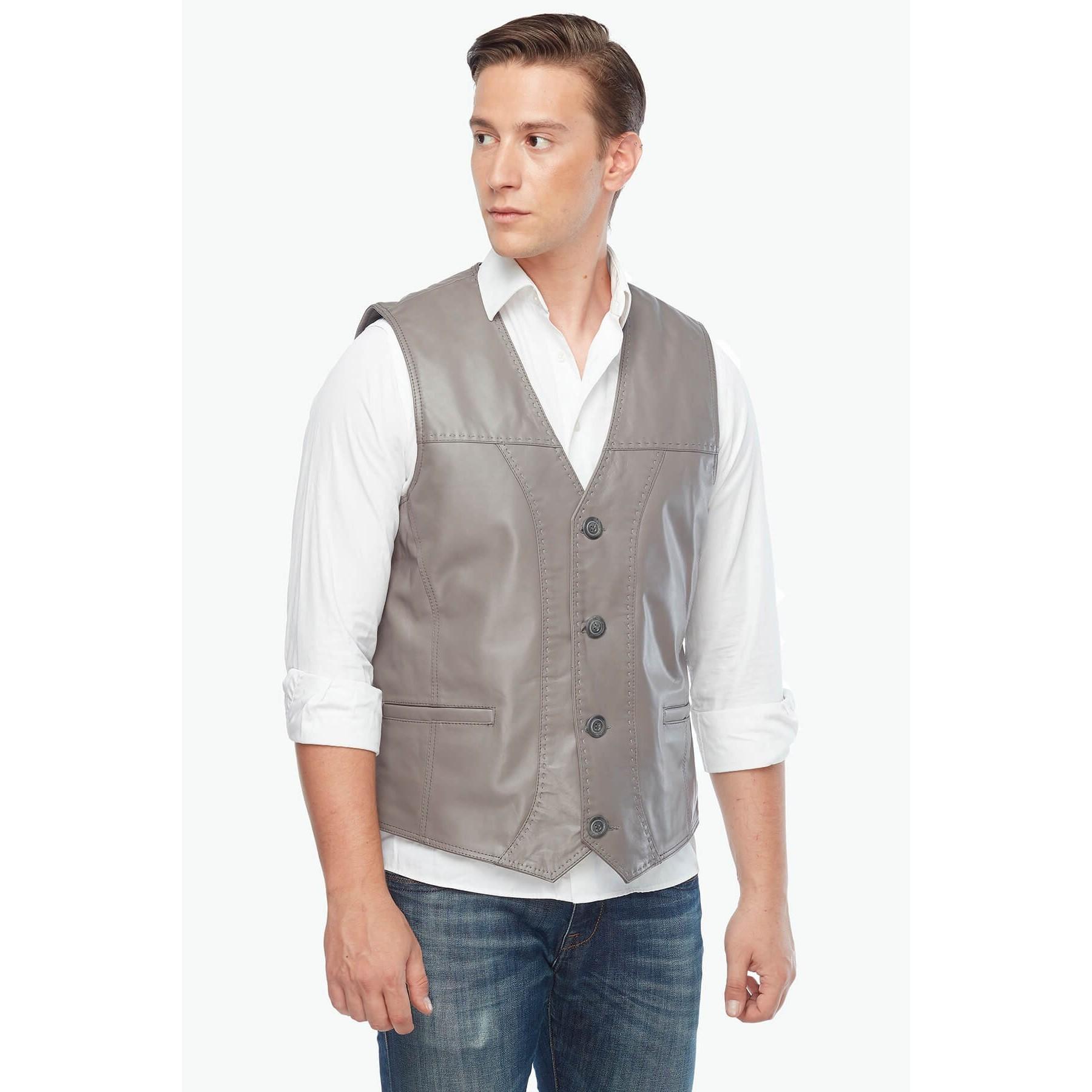 

Жилет из натуральной кожи серо-коричневого цвета с острым носом