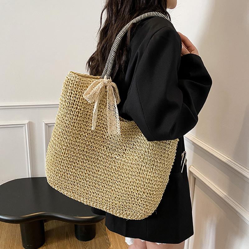 Yogodlns Woven Beach Bag Vintage Handmade Woven Shoulder Bag Raffia Rattan Bags Bohemian Ladies Summer Travel Vacation Casual Tote Bag