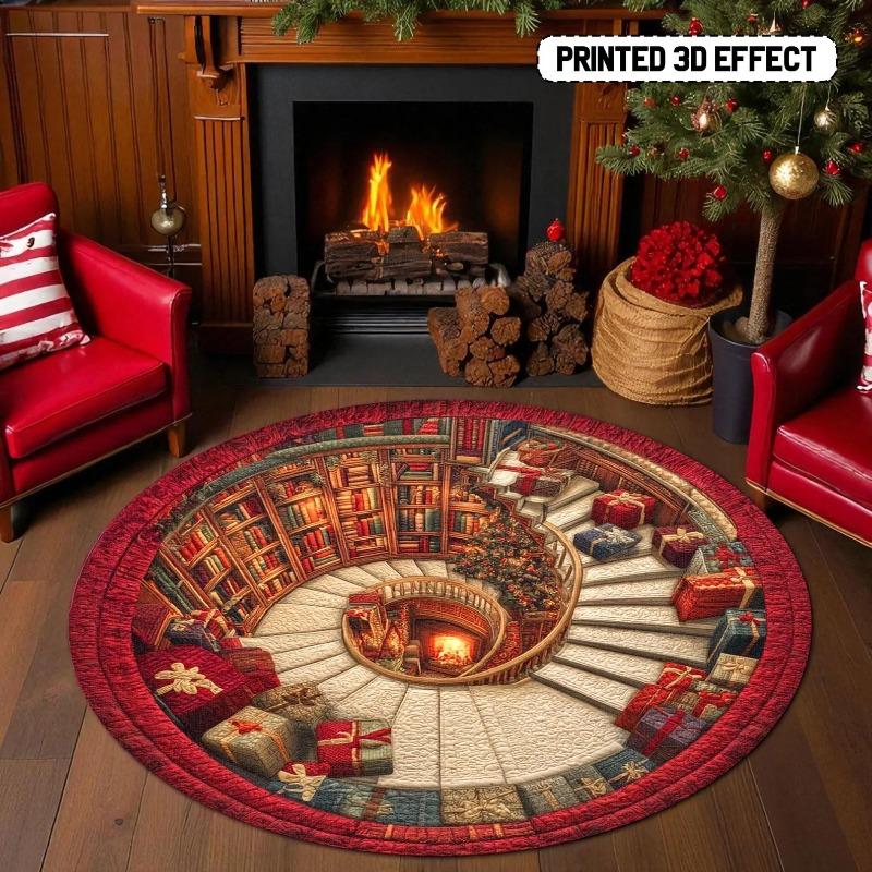 3D Bücherregal Weihnachts-Teppich Bedruckter runder Teppich mit Geschenken und Baum Festliche Feiertags-Bodenmatte für Zuhause Weihnachtsfeiertage