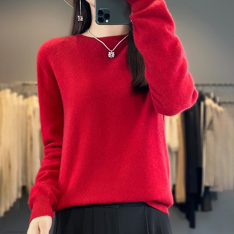 Women's 100% Wool Round Neck Sweater – Casual, Loose Knitwear, Minimalist Base Layer