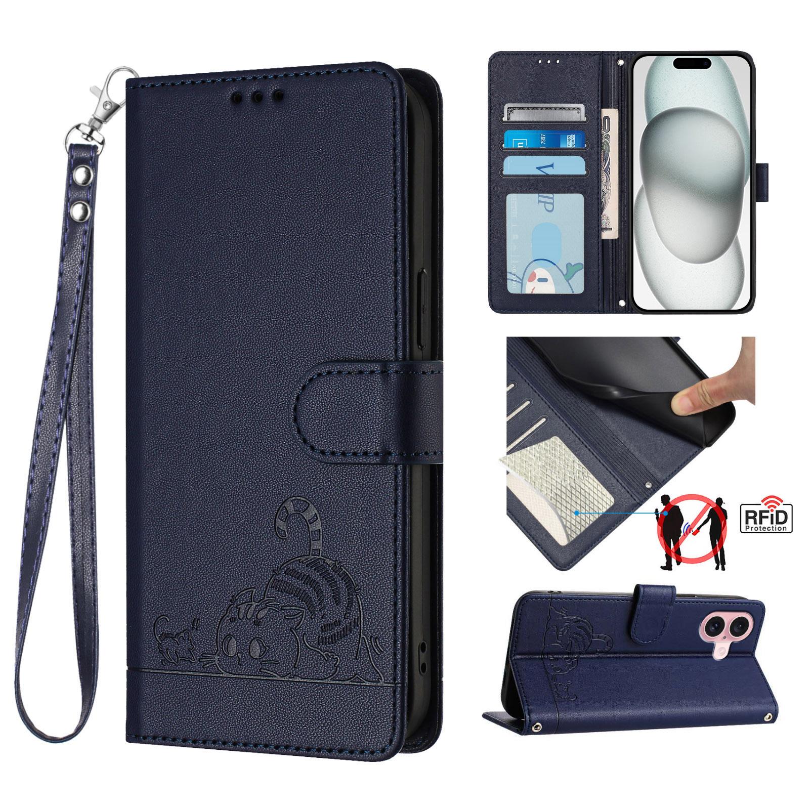 

For iPhone 16 Case with Strap RFID Blocking Leather Wallet Phone Cover Cat Mouse Pattern