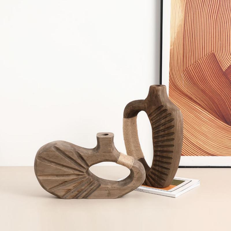 Handmade Wooden Vase Abstract Hollowed-out Natural Wood Flower Vase Flower Arrangement Accessories Hemp Rope Home Decoration