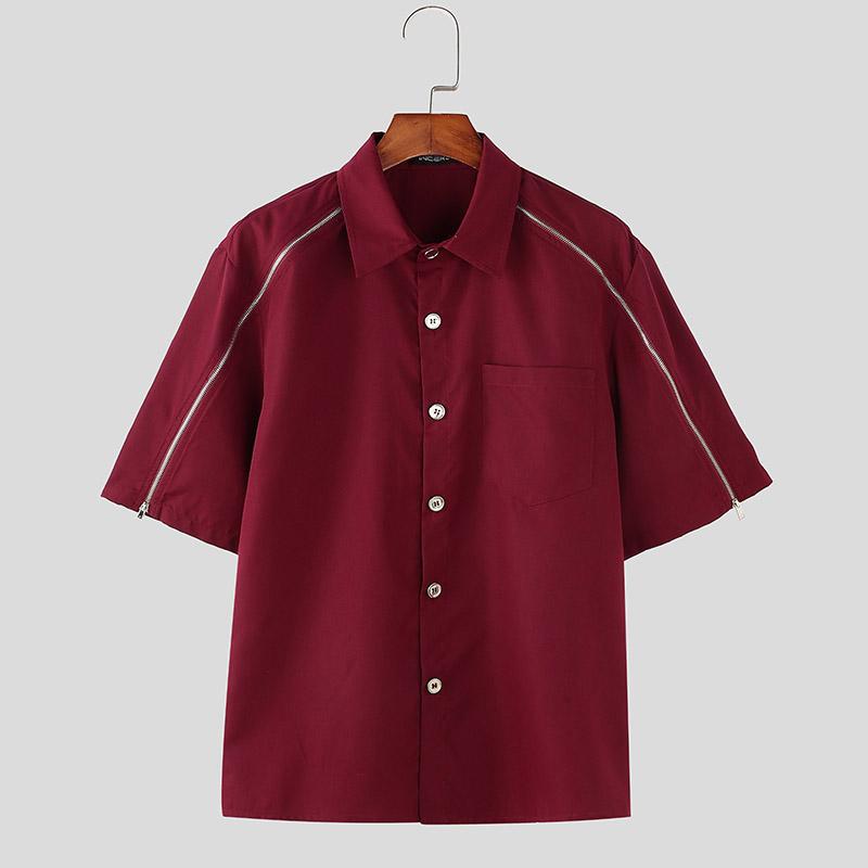 

INCERUN Summer Men Zipper Short Sleeve Oversized Casual Loose Cargo Tops Shirts 5XL вино красного