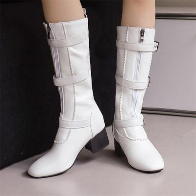 FOREADA Women Mid Calf Boots Round Toe Chunky Mid Heels Buckle Zipper Concise Ladies Fashion Shoes Winter Black White Brown 46