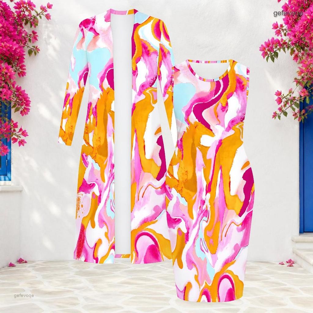 Women Plus Size Two Piece Set Long Sleeve Open Front Cardigan Sleeveless Crew Neck Bodycon Printed Dress