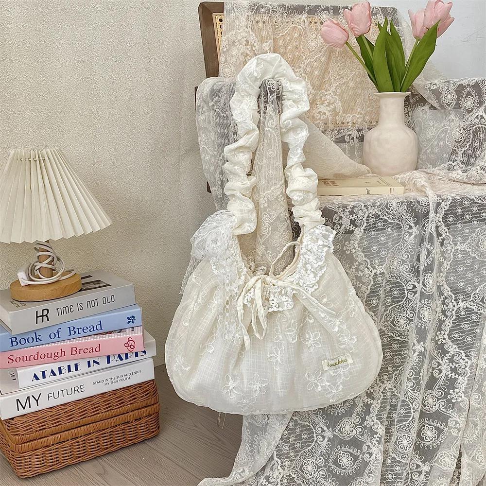 Sweet Lace Bow Female Tote Commuter Underarm Bag Rose Floral Women's Shoulder Bags Pleated Strap Girls Flower Crossbody Bag
