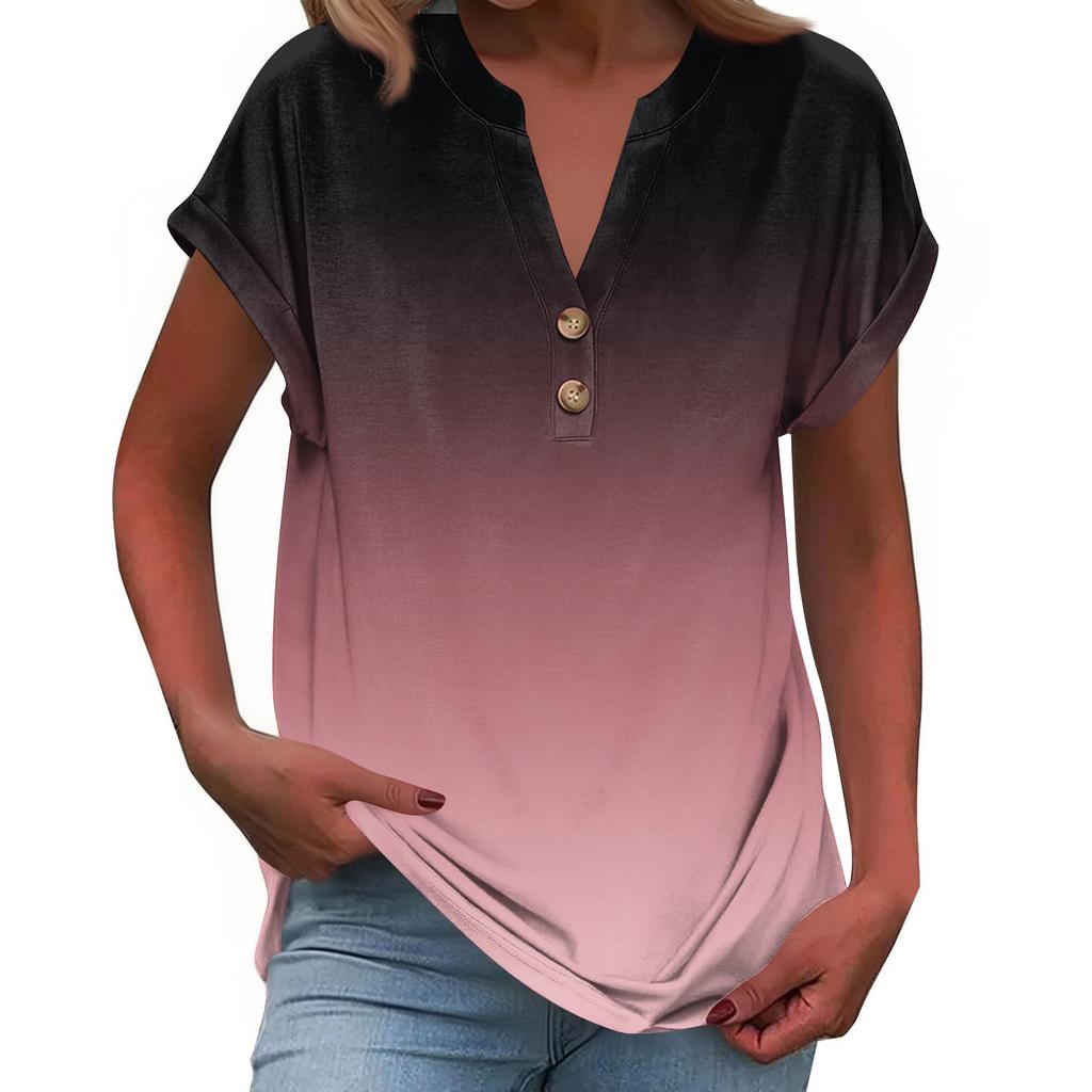 Women's Fashionable Casual Loose-Fit Short-Sleeved Button-Up V-Neck Printed T-Shirt Top