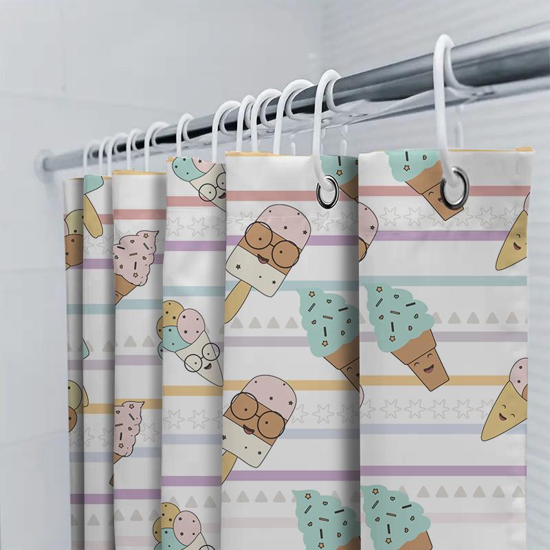 Charmful Ice Cream Pattern Shower Curtain For Bathroom Decor Multicolor Striped Design Cute Cartoon Print Waterproof Fabric Easy