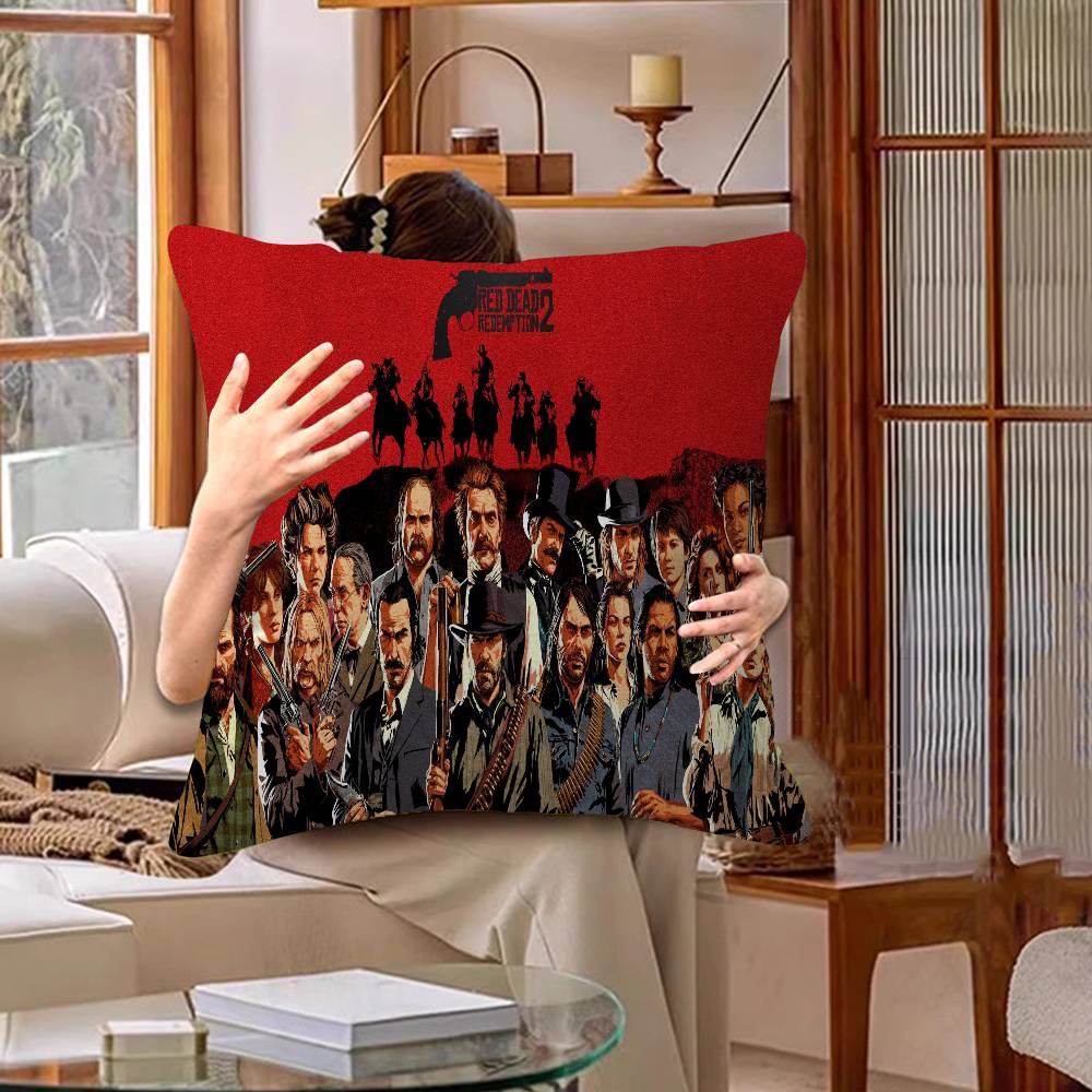 Funda de Almohada para TV de Juego Red-Dead-Redemption 2 Dibujos Animados Decorativa para Sofá del Hogar Impresión a Doble Cara Felpa Corta Funda de Cojín Linda