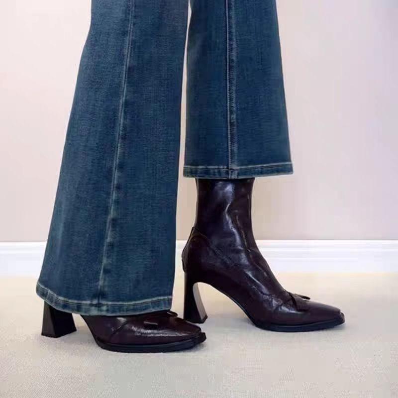 Fashion Bow High Heels Women Ankle Boots Elegant Pointed Toe Heeled Shoes 2025 Fashion Pumps Gothic Boots New Trend Leather Mujer Botas
