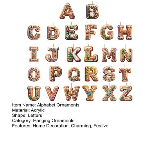 1/26Pcs Gingerbread Alphabet Ornaments 26 Initial Letter Candy Cane Pendant with Berries Pattern Mini Monogram