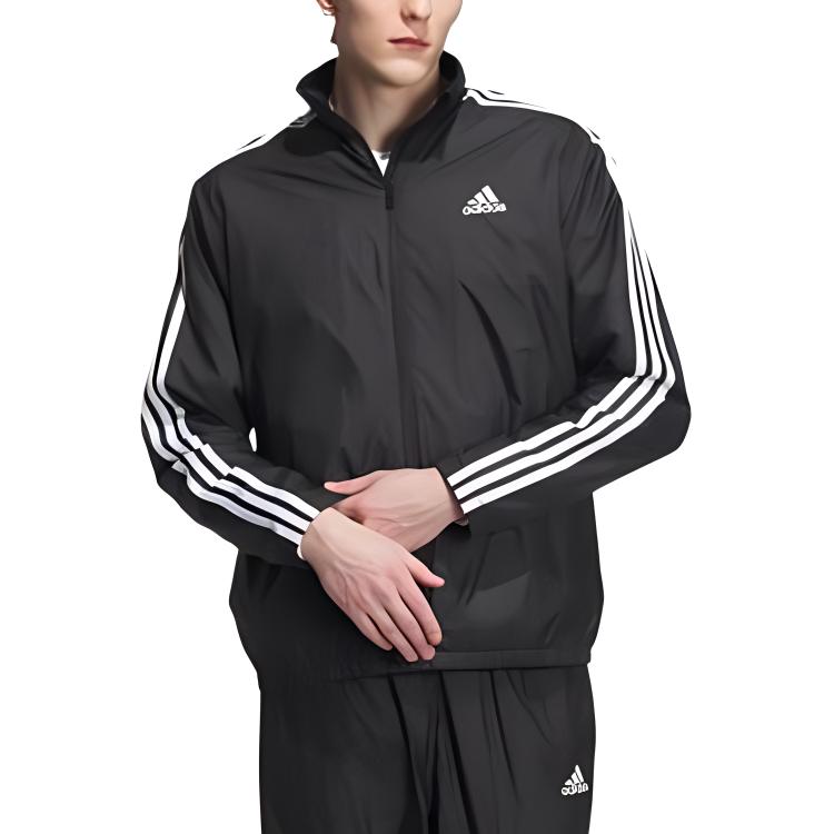 Adidas Three Stripes Logo Vintage Sports Stand Collar Printed Zip Long Sleeve Jacket Men Jackets Black IK7335