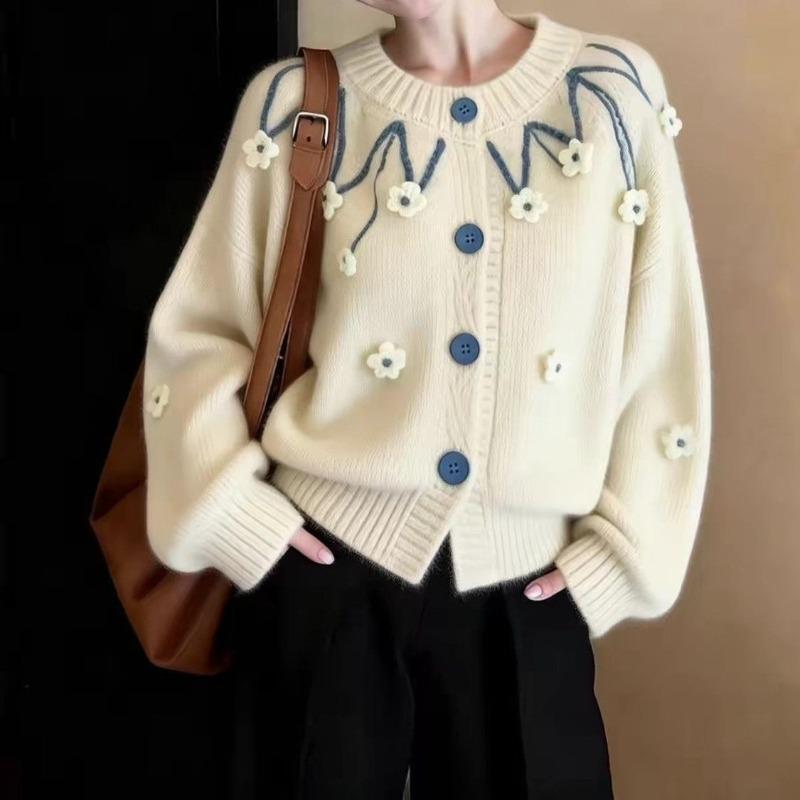 Damen Floral Cardigan Damen Rundhals Langarm Strickpullover Herbst Neue Version Locker Vielseitig Lässiges Oberteil