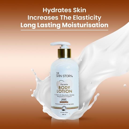 The Skin Story Hĺbkovo hydratačné telové mlieko pre ženy| Úľava od suchej pokožky | Všetky typy pleti | Moringa & Keratín | Objemové balenie | 280ml