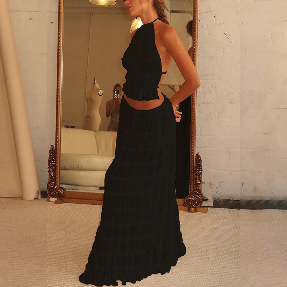 Women Boho Sexy Backless Matching Suit 2 Piece Beach Holiday Outfits Vintage Ruched Halter Cami Tops + Maxi Long Skirt Party