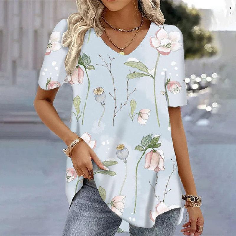 Women Summer V Neck Short Sleeve T Shirt Loose Casual Feminina White T Shirts Female Plus Size Tops 3D Printing Tees T-Shirts