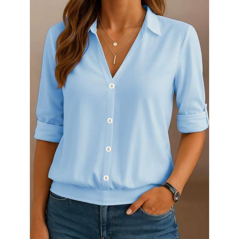 Summer Shirt New Women Casual Button Tops V-Neck Solid Color Blouse