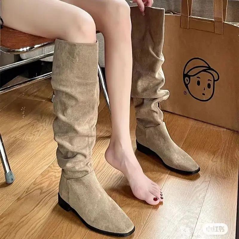 Women's Long Boots Middle Heel Winter 2024 Ladies Knee High Shaft Shoes Autumn Demi-season Large Size Warm Gyaru Designer Luxury