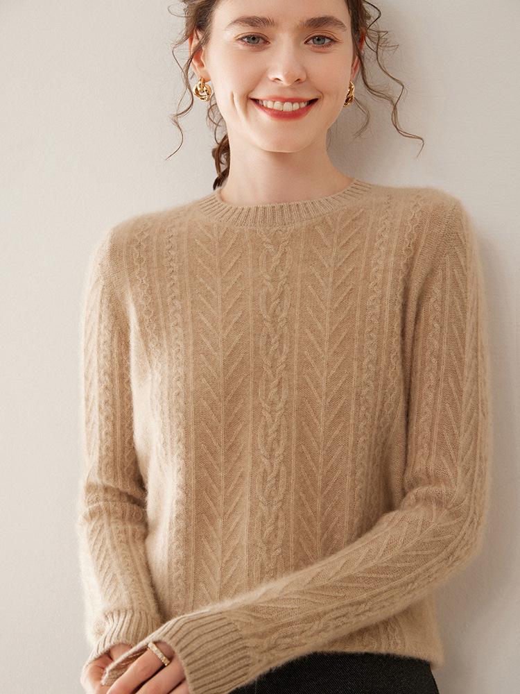 Women's Autumn/Winter Bamboo Leaf Twist Pattern Cashmere Knit Sweater - Round Neck, Loose Fit, Thick, Fashionable, Versatile
