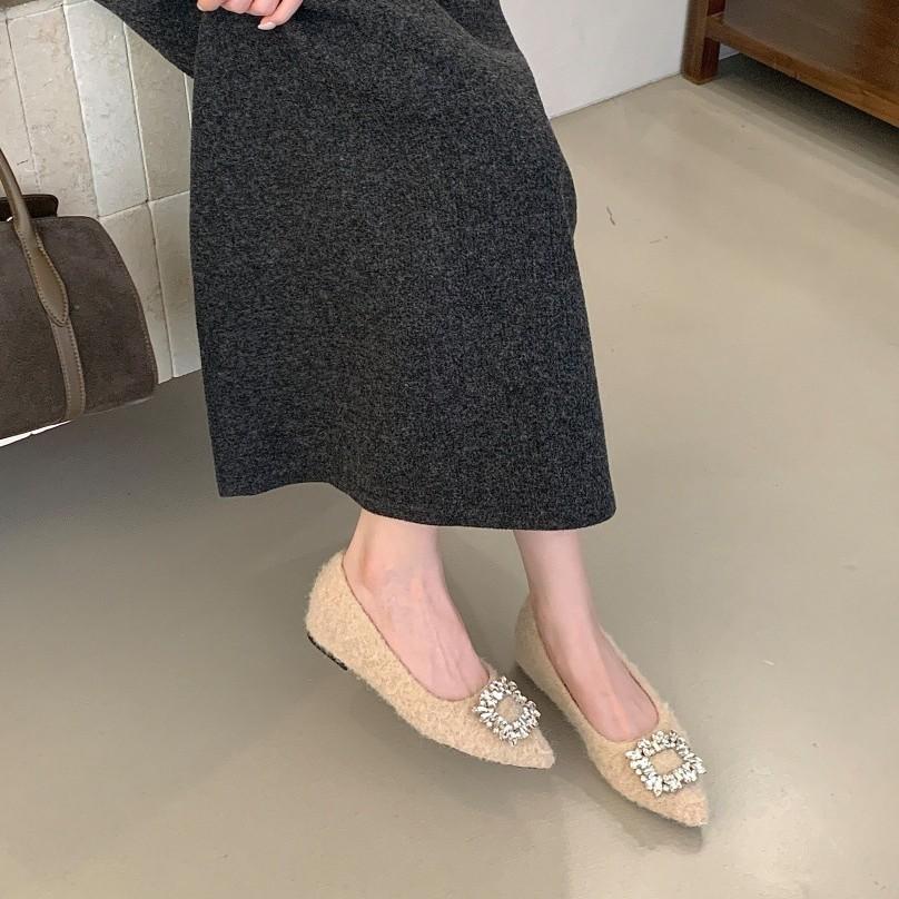 2025 autumn and winter new round head rhinestone buckle mink hairy thick heel foot cover plush warm women's cotton shoes