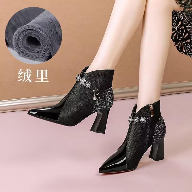 Ankle Boots Mother Thick Heel Metal Sequin and Velvet Warm Latin American New Women's Boots Pointed Toe Rhinestone Boots