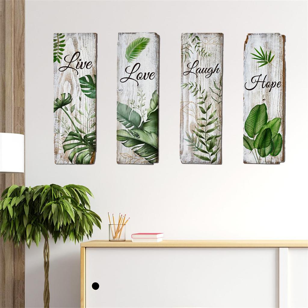WOHAHA Wall Stickers, Stylish Plant Leaf, Green Wisteria Leaf, Nordic Wallpaper Sticker, English Text, Faux White Wood Grain, Peelable, Stylish Wall