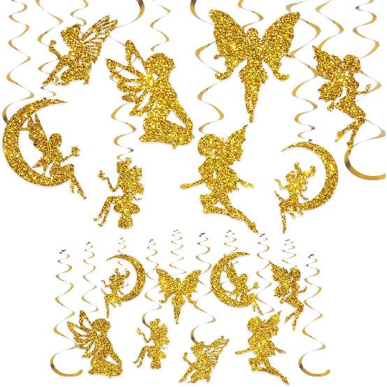 32Pcs Fairy Hanging Swirl Decoration Gold Glitter Butterfly Fairy Ceiling Spiral Streamer Ornaments for Girls First Birthday Baby Shower Party