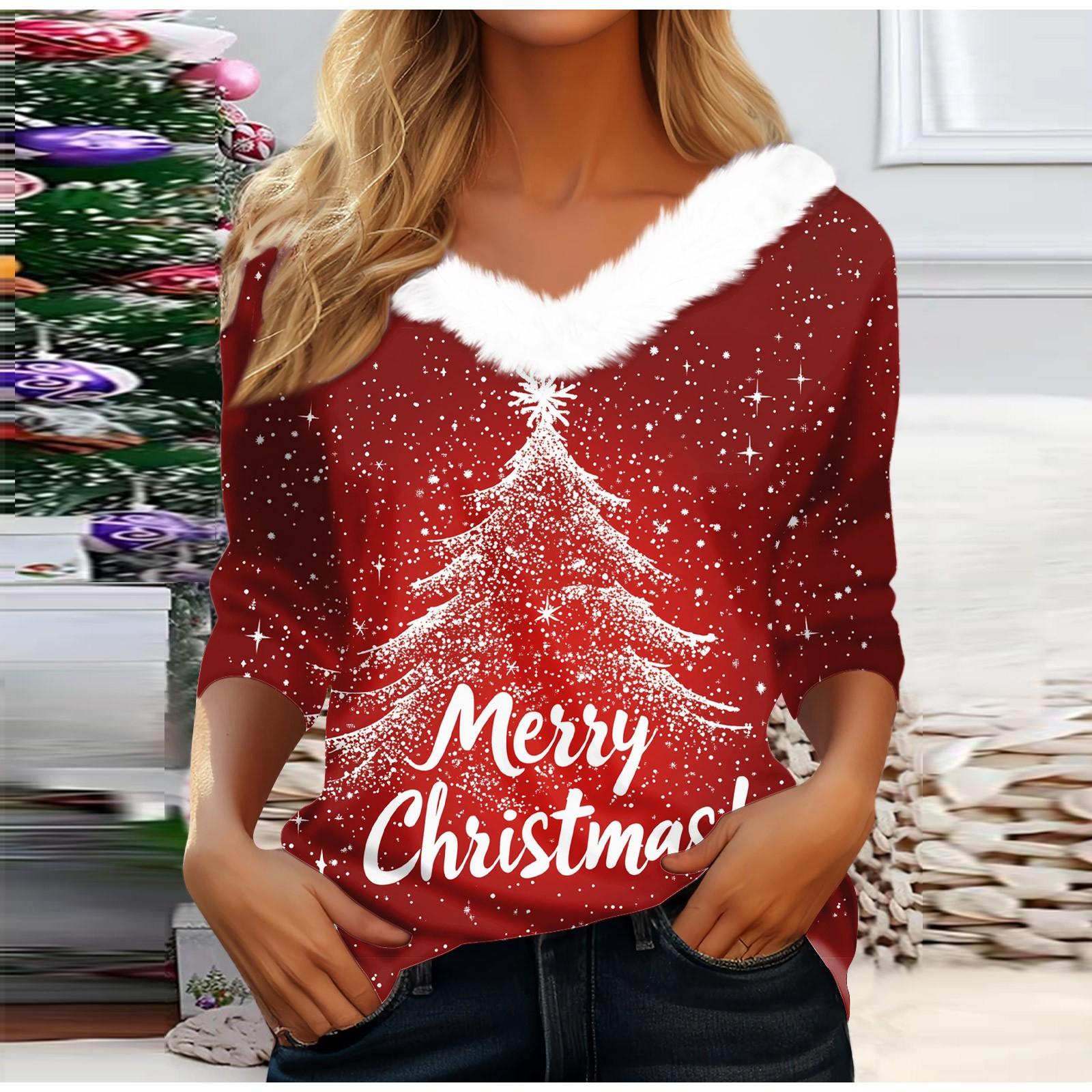 

Рубашки с длинным рукавом для женщин Милые топы Рождественские принты Футболки Блузки Повседневные топы больших размеров Базовые топы Пуловеры M красный