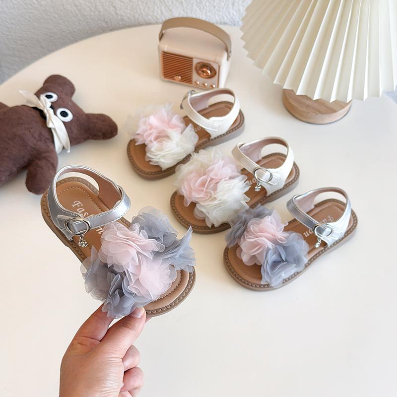 Girls Sandals Non-slip Soft Sole Kids Princess Shoes Lace Flowers Mixed Color 2025 Summer New Children Beach Shoes Fashion Sweet