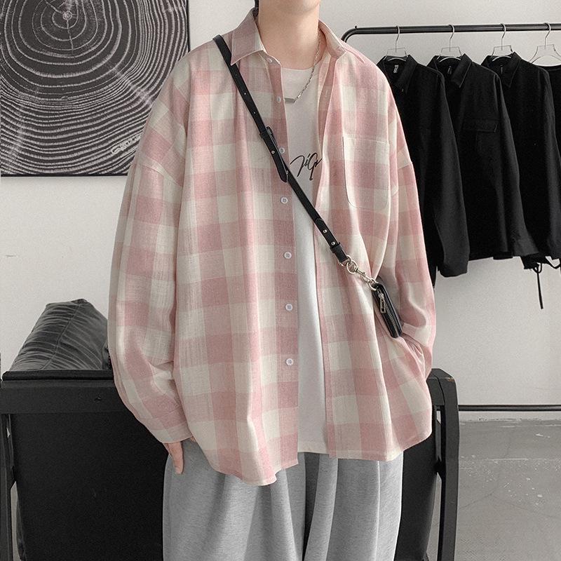 Herrskjorta i rutigt mönster i koreansk stil, Vår 2021 - Tonåring Långärmad, Lös passform, Trendig jacka