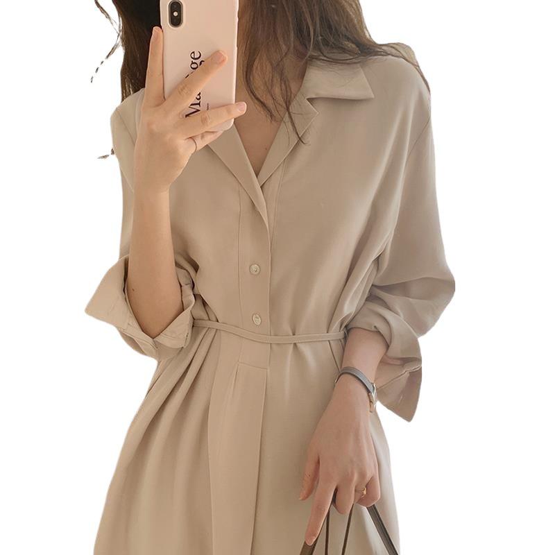 Korean Minimalist Tie-Waist A-Line Shirt Dress for Women