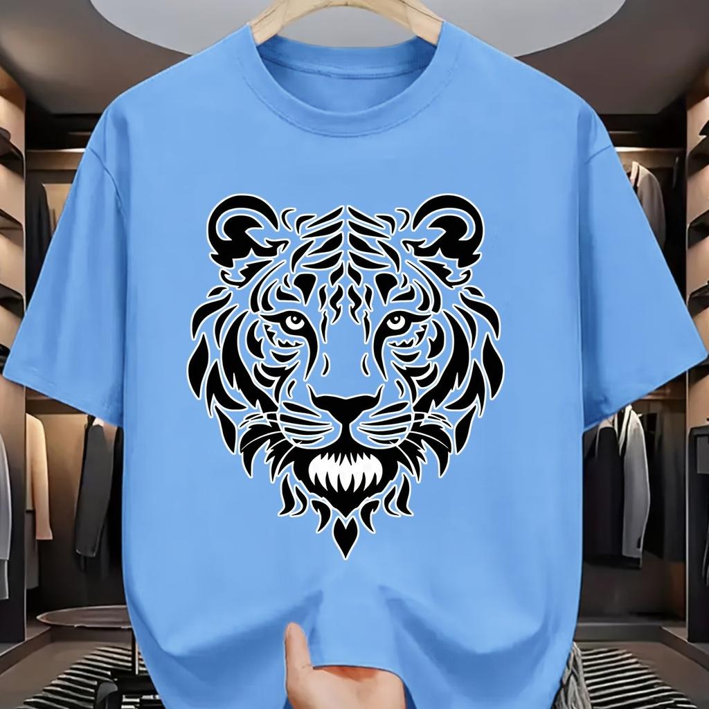 Tribal Tiger Head Graphic Tee Men Summer Casual Short Sleeve Print Crew Neck Cotton TShirt