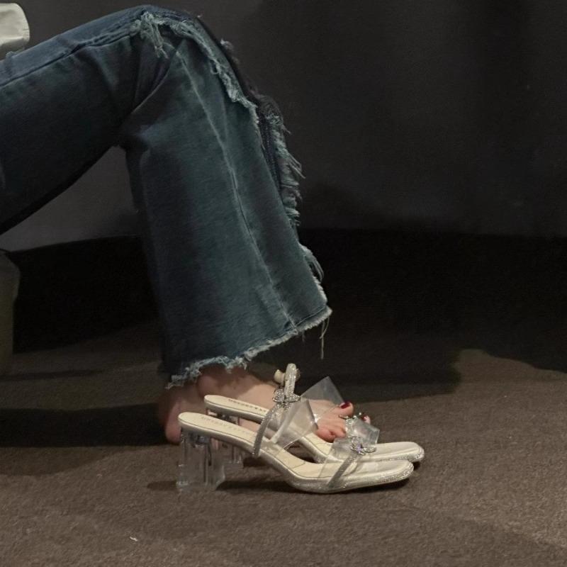 

New Style Shoes Mid-heel Crystal Heel High Heels Chunky Heel Water Diamond Slippers 40 срібний