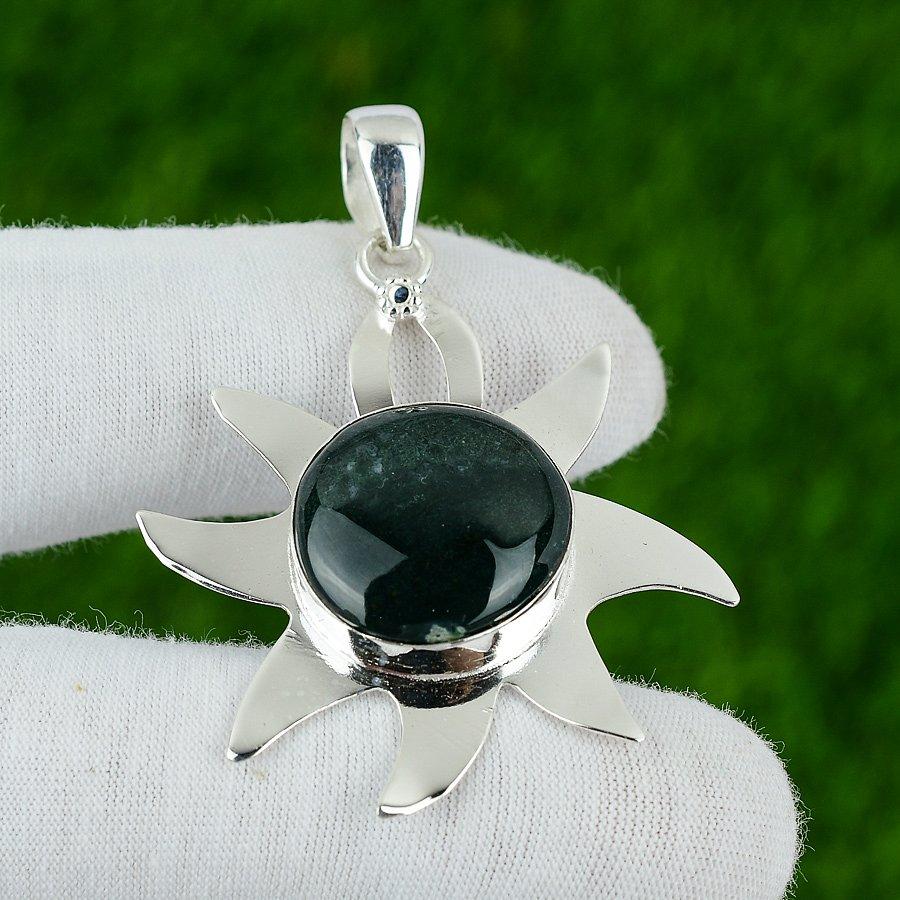 Солнечный Моховой Агат Камень Безель Дочь Ручной Работы Подвеска 925 Стерлинговое Серебро