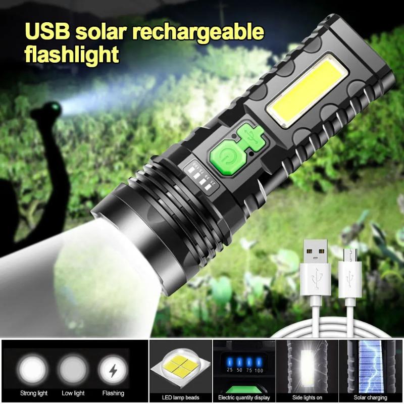 Solar USB Rechargeable LED Flashlight COB Side Light 4 Gears Strong Light 1200mah  Power Display Waterproof Outdoor Lantern