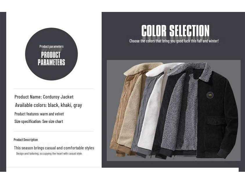 Męska kurtka sztruksowa plus size - Podszyta polarem, kołnierz wykładany na wiosnę i jesień, do noszenia na co dzień