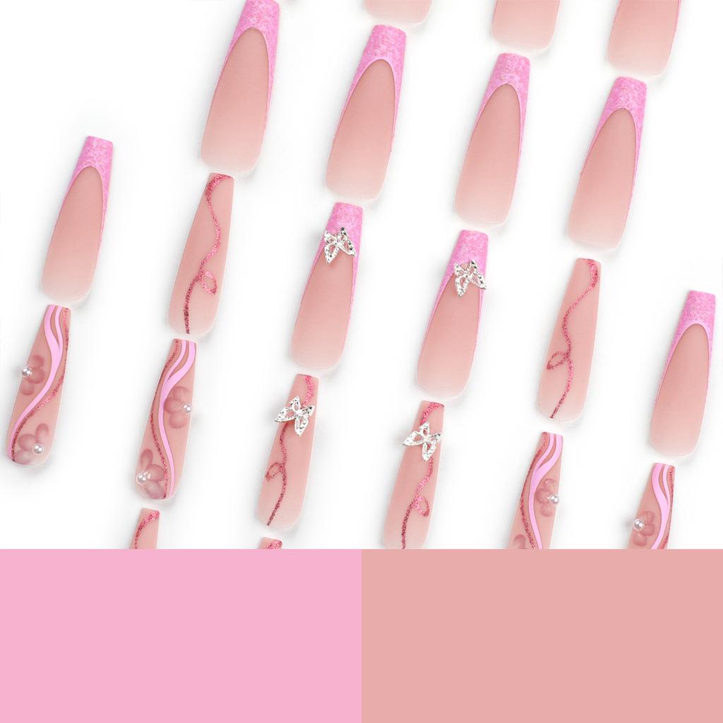 3D Three-dimensional European and American Style Nails Silver Butterfly Glitter Fake Nails Pink Flower Pearl Nail Art