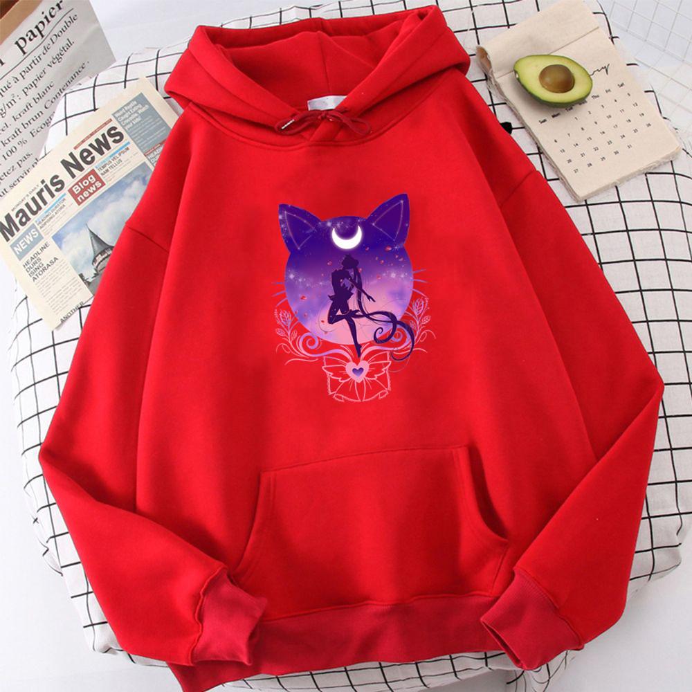 Vintage Anime Hoodies Women Sweatshirts Printed Cat Moon Long Sleeve Kawaii Hoodie Cartoon Tops Graphic Female Clothing