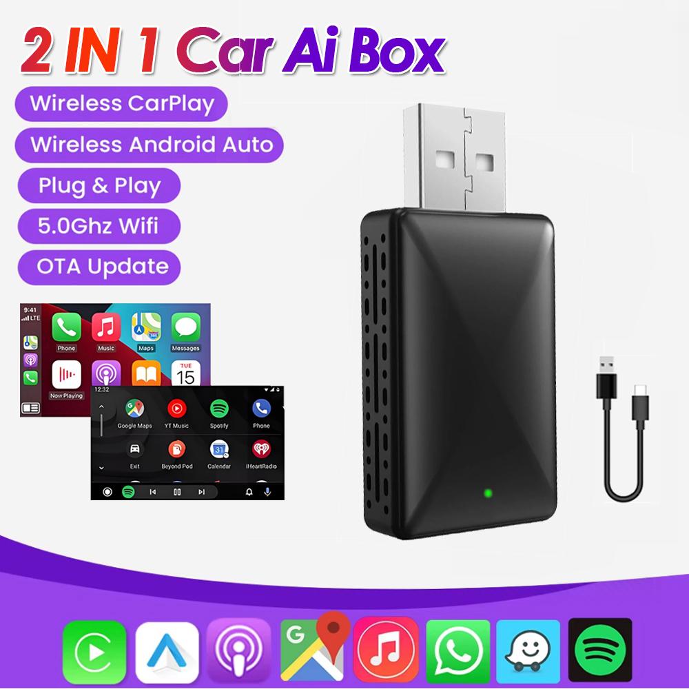 2 In 1 Wired To Wireless Carplay Adapter for IOS Android Wi-Fi 6 Bluetooth 5.4 Auto Smart USB Dongle Plug and Play Carplay Wireless Adapter